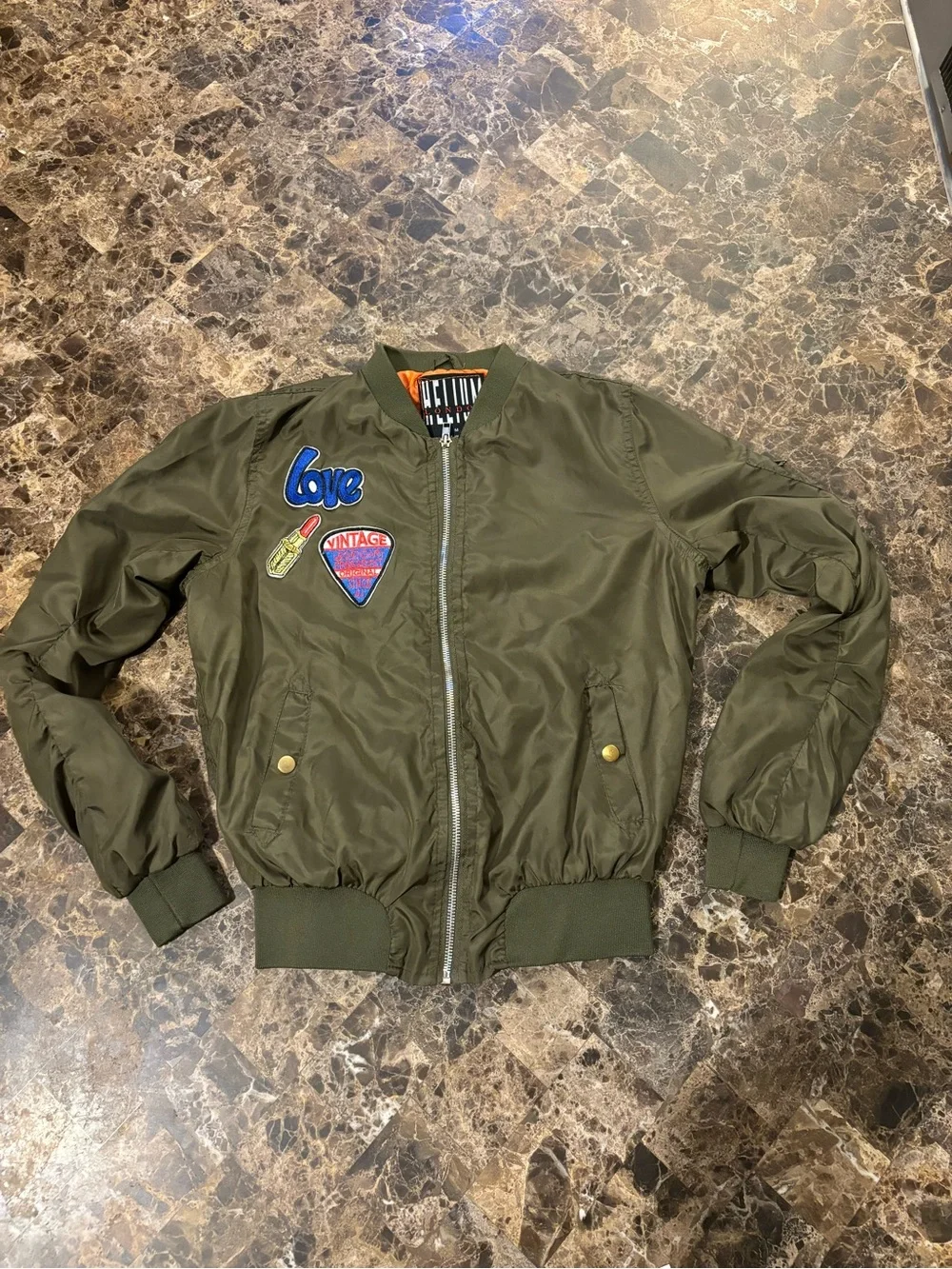 Kids Olive Green Bomber Jacket with Patch Details